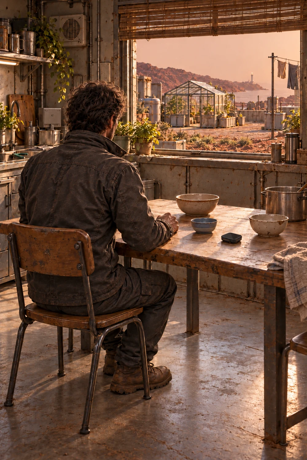 Dorian sits alone at a table laid with three bowls.