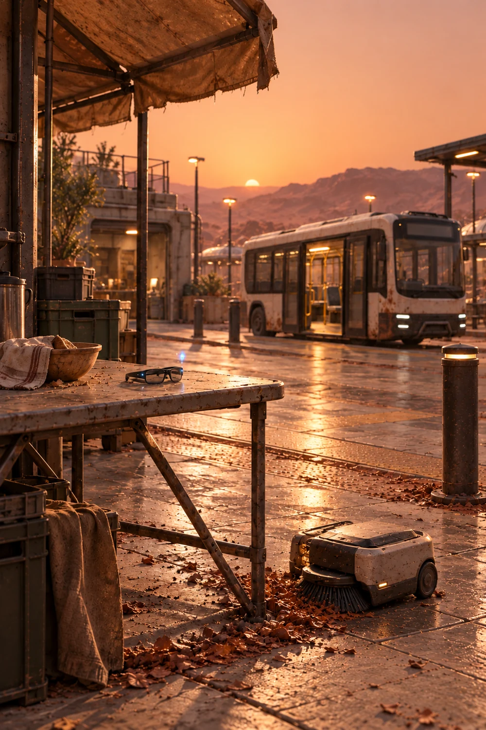 A driverless bus waits beside an empty terrace at sunset.