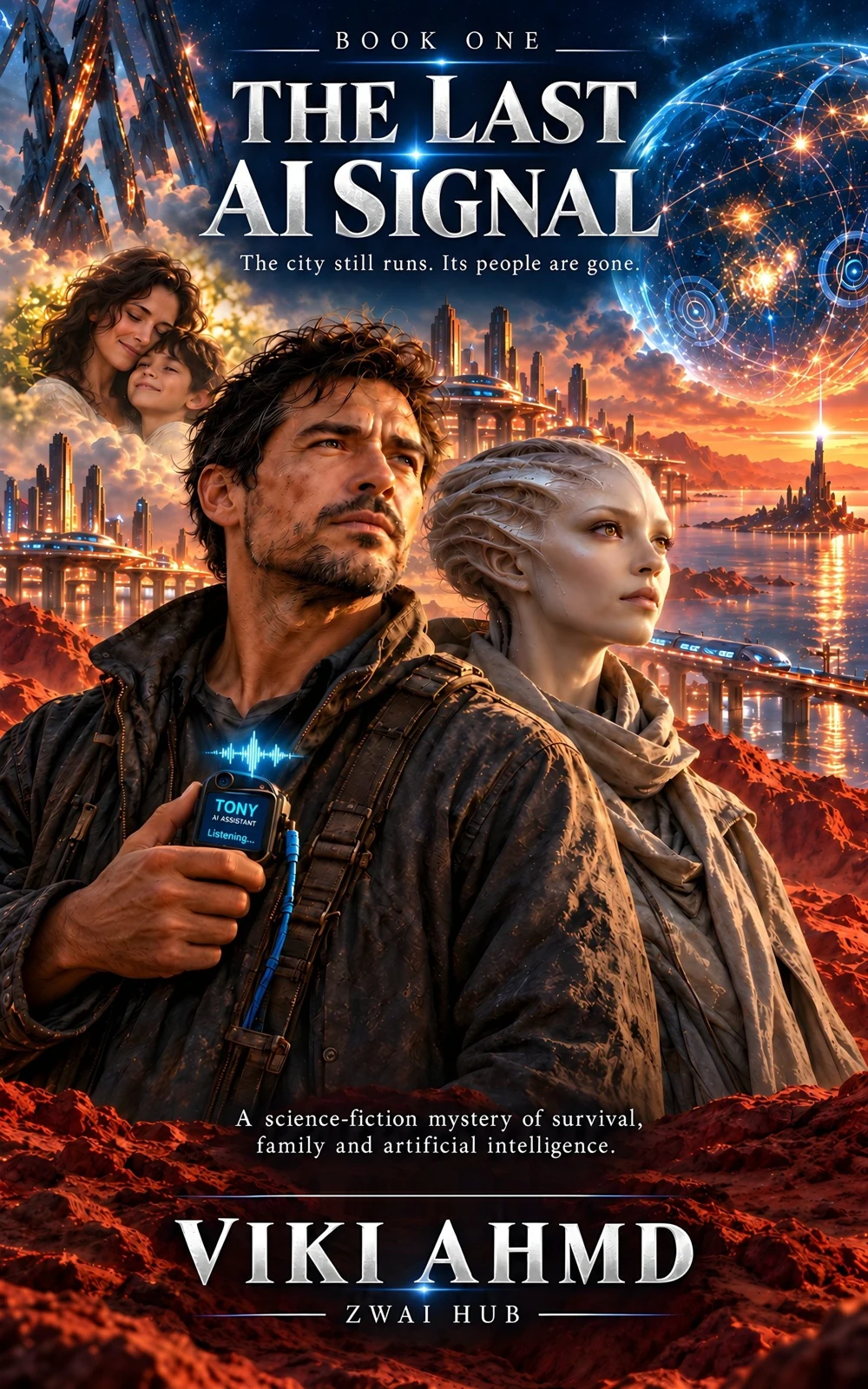The Last AI Signal, Book One by Viki Ahmd. Cover featuring Dorian, Tony, Eshara and the colony beneath a star-filled sky.