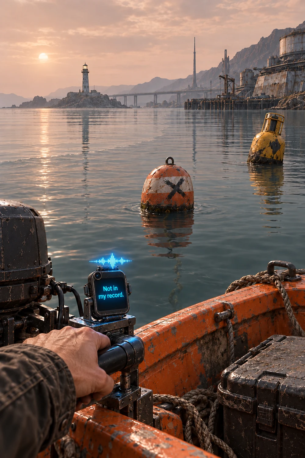 Marked buoys float between an orange workboat and the distant lighthouse.