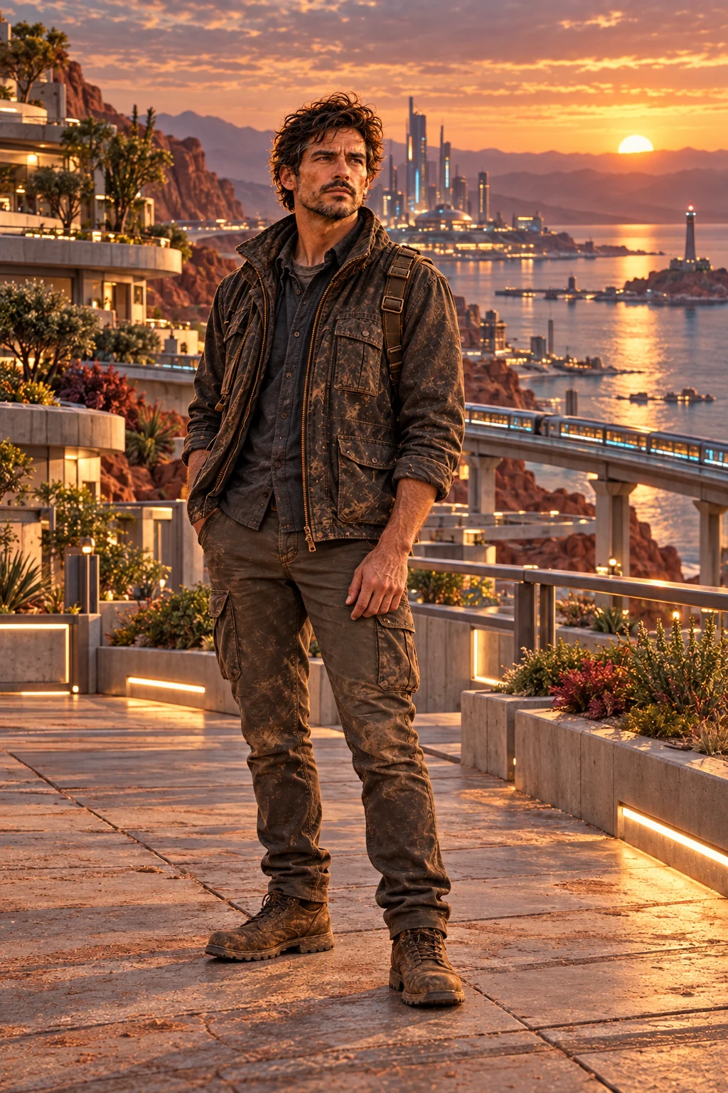 Dorian stands full length on a Martian terrace above an artificial sea and distant lighthouse.