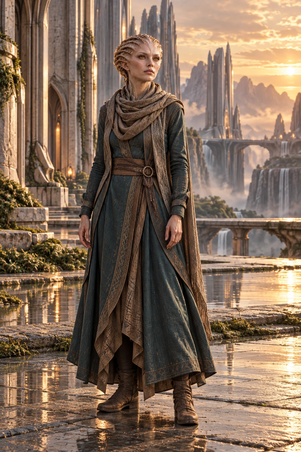 Eshara in a flowing teal and bronze garment, standing among sunlit spires and reflective pools on Planet 0.