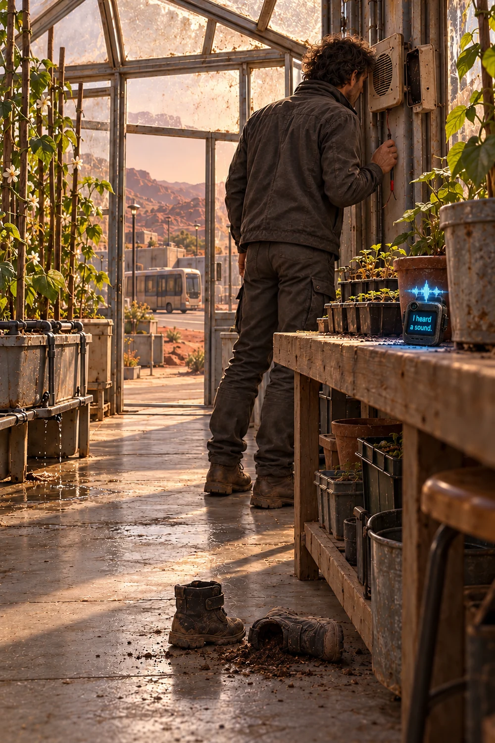 Dorian tends a greenhouse beside Tony and a pair of small boots left beneath the workbench.
