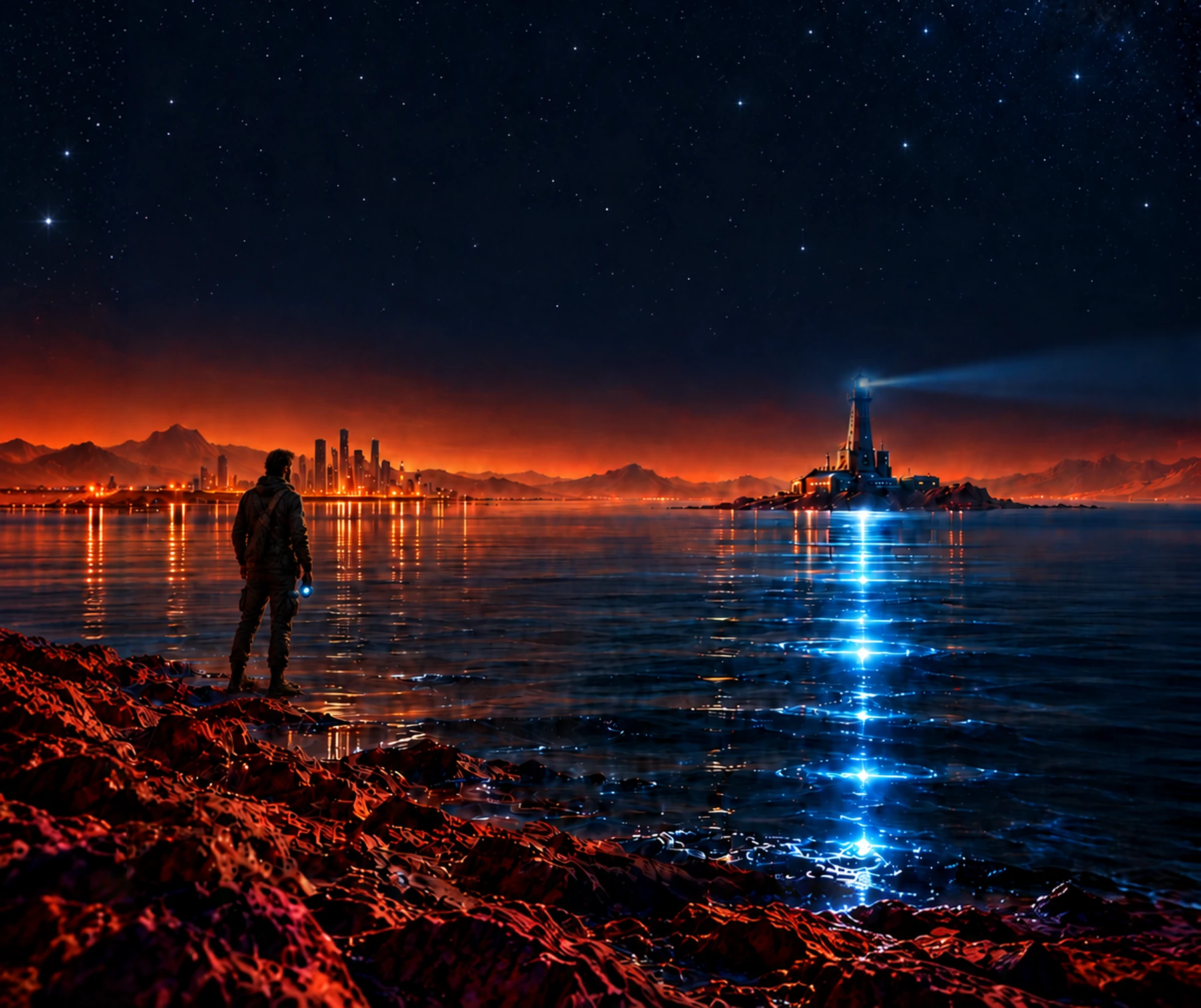 An illuminated lighthouse and a deserted city face one another across the Martian sea.