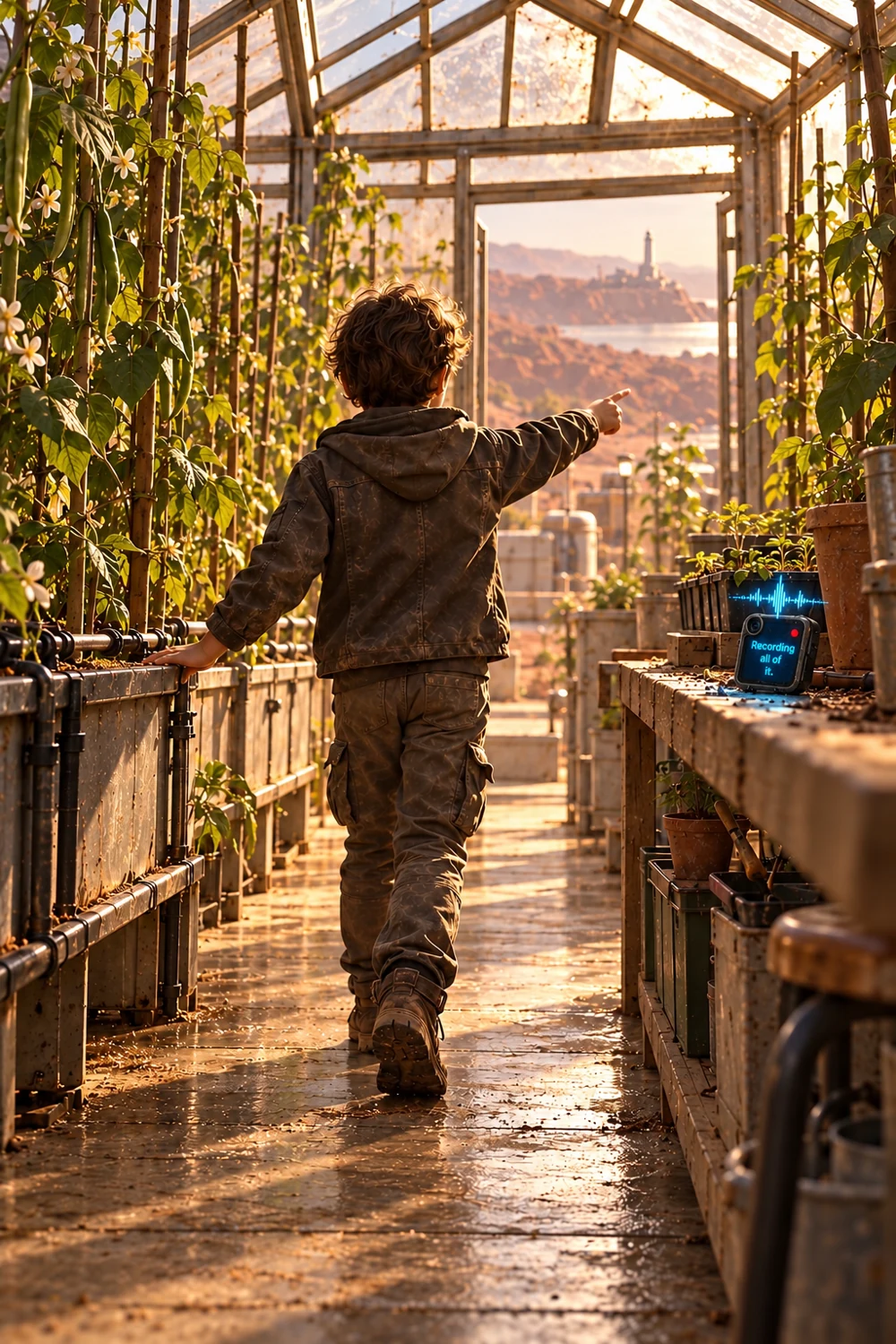 In a memory, a child reaches toward plants in the sunlit greenhouse.