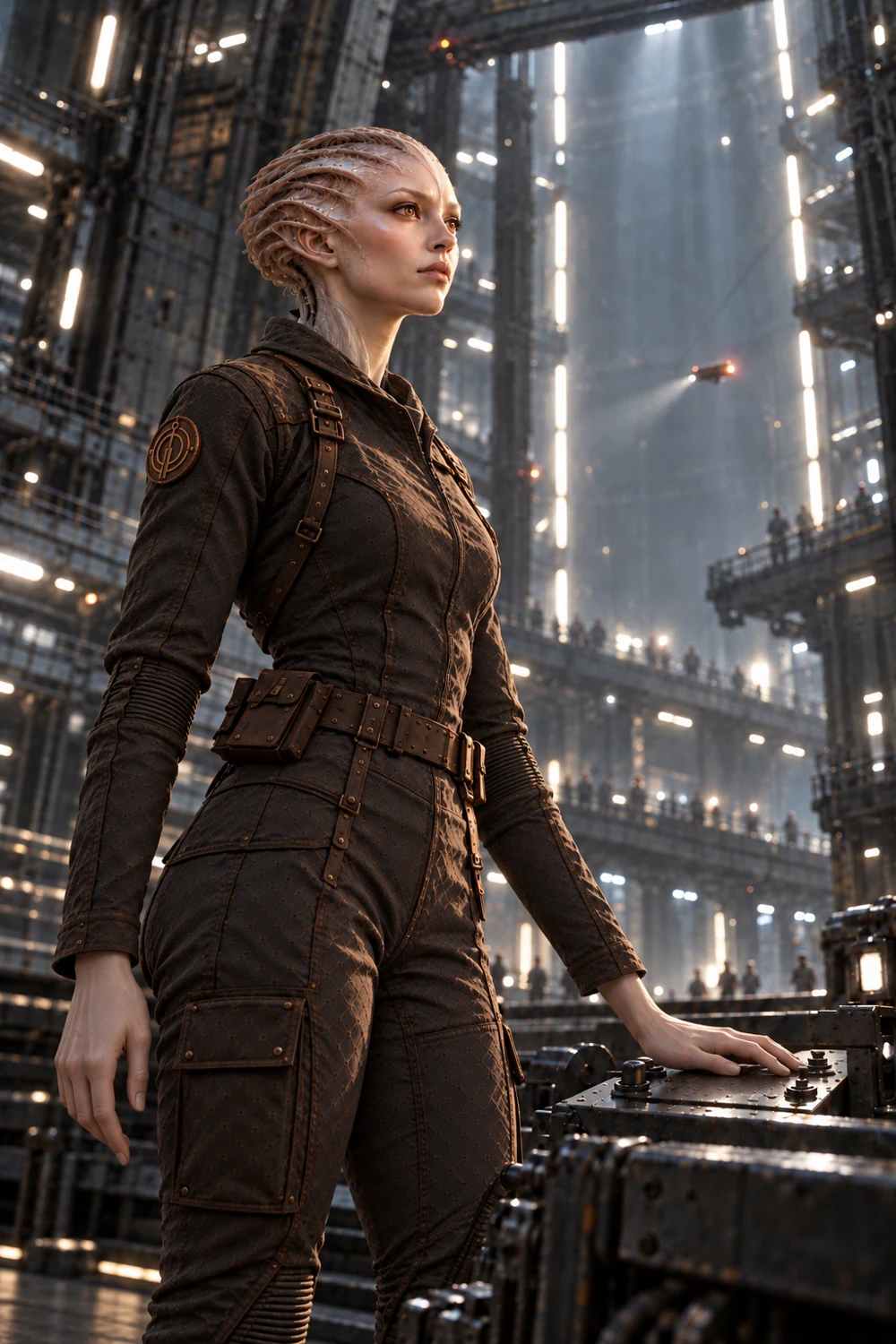 Eshara watches a distant light from a tall metallic chamber.