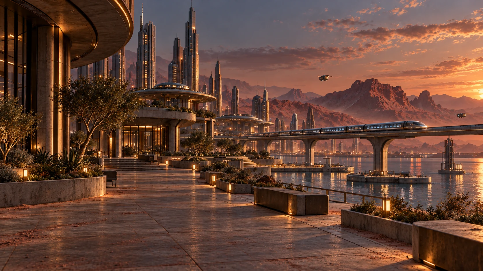 An empty Martian smart city: a train crosses the artificial sea beneath rust-red cliffs at sunset.