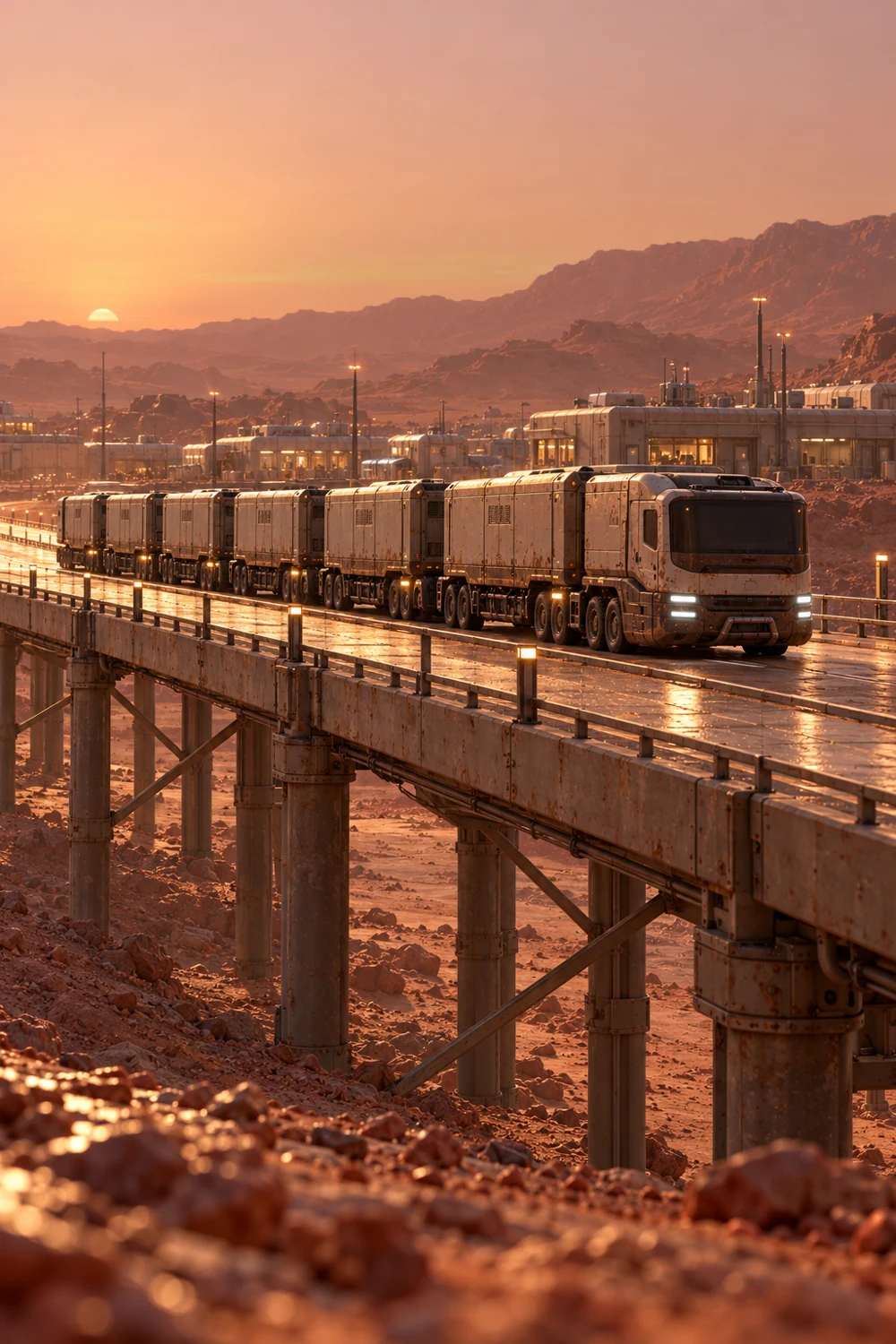 An automated train crosses a red-rock viaduct in evening light.