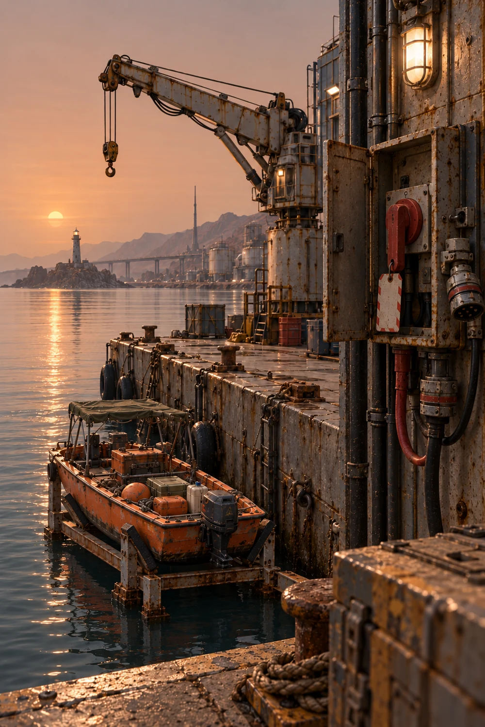 An orange workboat rests beside a weathered dock and a maintenance crane.